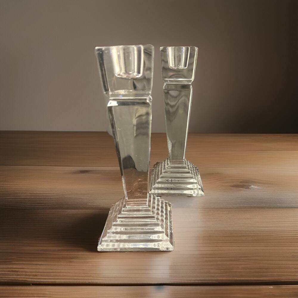 2 Vintage Lenox Clear Lead Crystal 6" Candlestick Holder Set Monument read